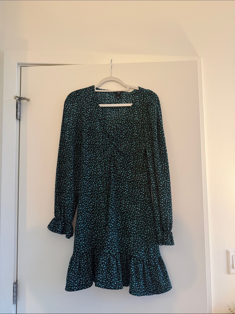Floral Ruffle Hem Long Sleeve Dress - Teal/Black